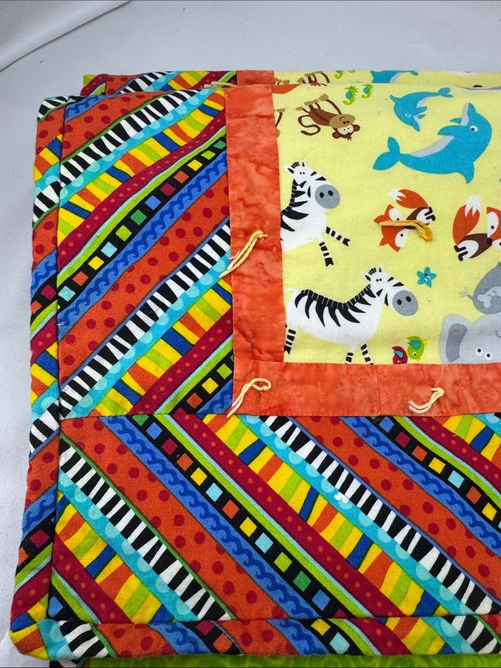 Handmade Colorful Baby Blanket Quilt, Quilted & Tied, Jungle Safari Animals